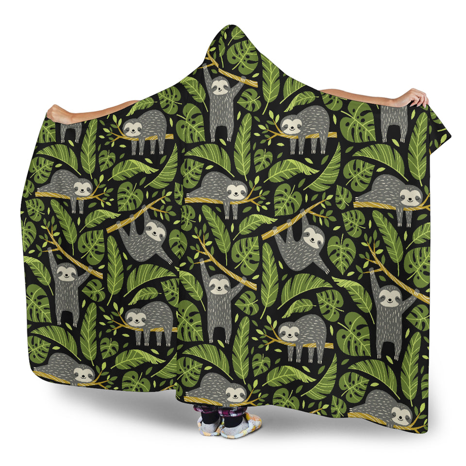 Cute Sloths Tropical Palm Leaves Black Background Hooded Blanket