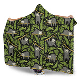 Cute Sloths Tropical Palm Leaves Black Background Hooded Blanket