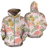 Pink Flamingo Birds Pineapples Hibiscus Flower Pattern Zip Up Hoodie