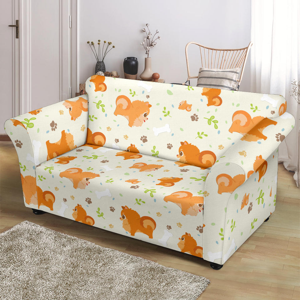 Cute Brown Pomeranian Paw Leave Bone Pattern Loveseat Couch Slipcover