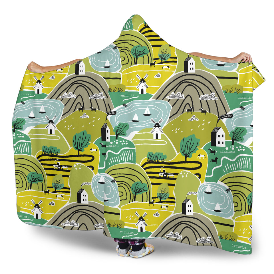 Hand Drawn Windmill Pattern Hooded Blanket