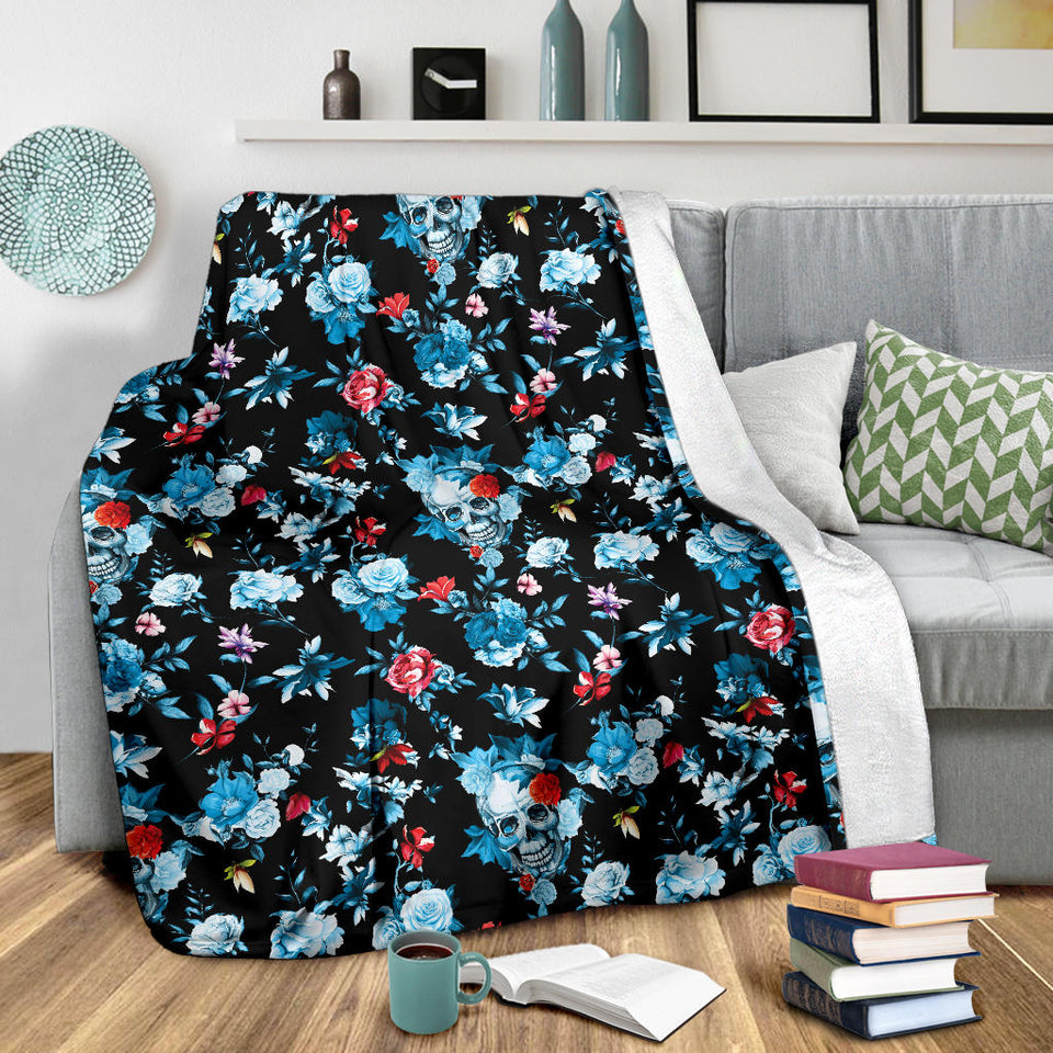 Skull Flower Roses Leave Pattern Premium Blanket