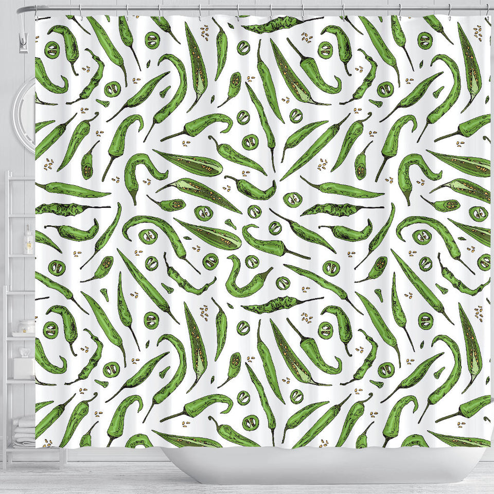 Hand Drawn Sketch Style Green Chili Peppers Pattern Shower Curtain Fulfilled In US