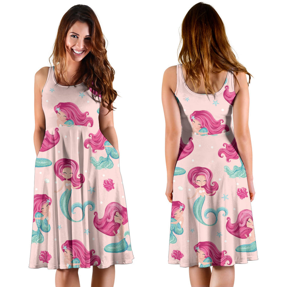 Cute Little Mermaid Pattern Sleeveless Midi Dress