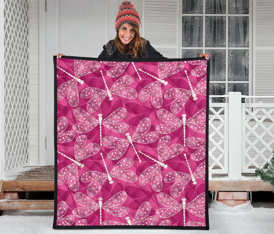Beautiful Dragonfly Pink Background Premium Quilt