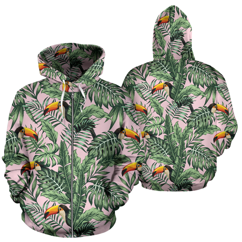Toucan Tropical Green Jungle Palm Pattern Zip Up Hoodie