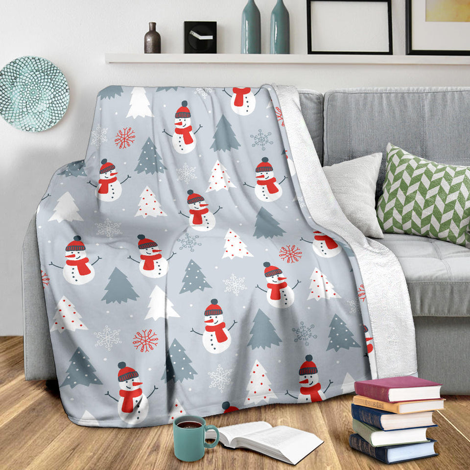 Snowman Christmas  Tree Snow Gray Background Premium Blanket