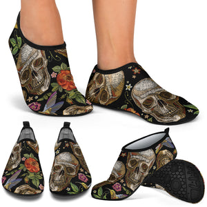 Skull Rose Humming Bird Flower Pattern Aqua Shoes