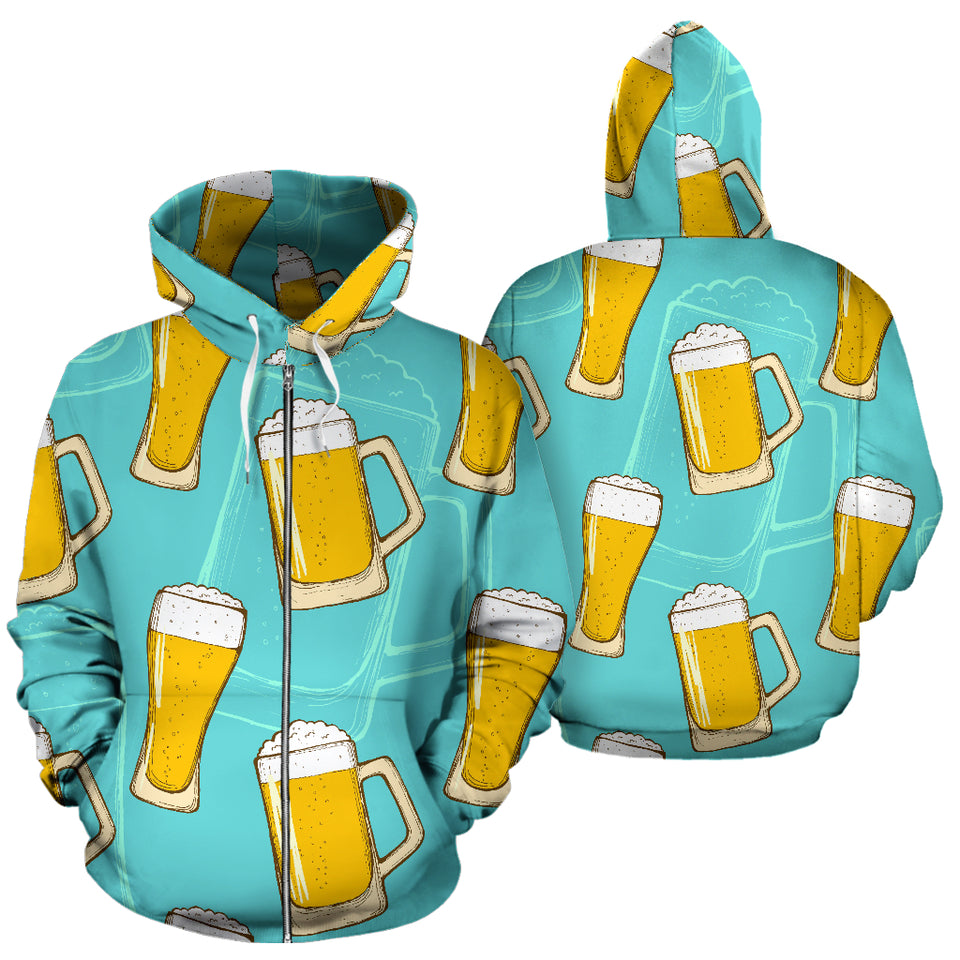 Beer Pattern Green Background Zip Up Hoodie