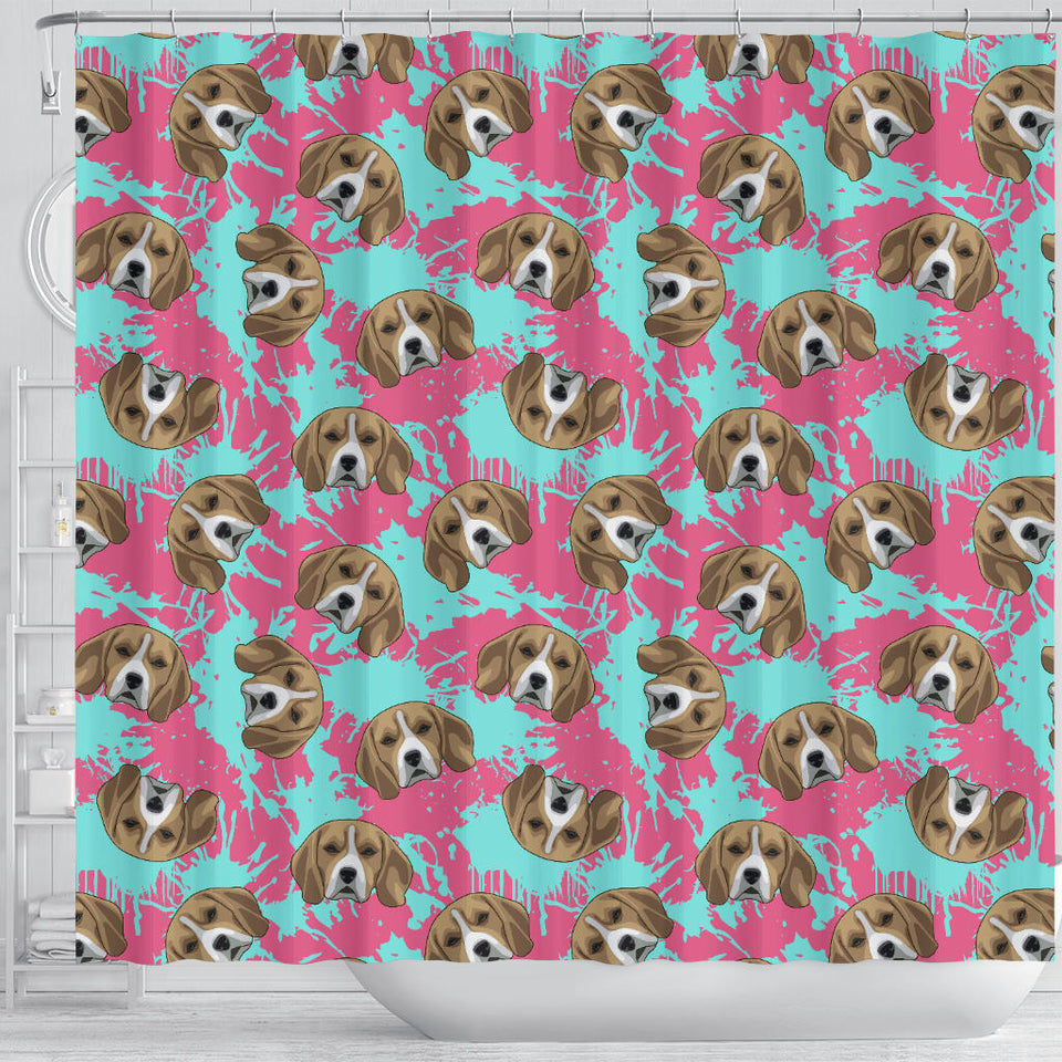Beagle Muzzles Turquoise Paint Splashes Pink Pattern Shower Curtain Fulfilled In US