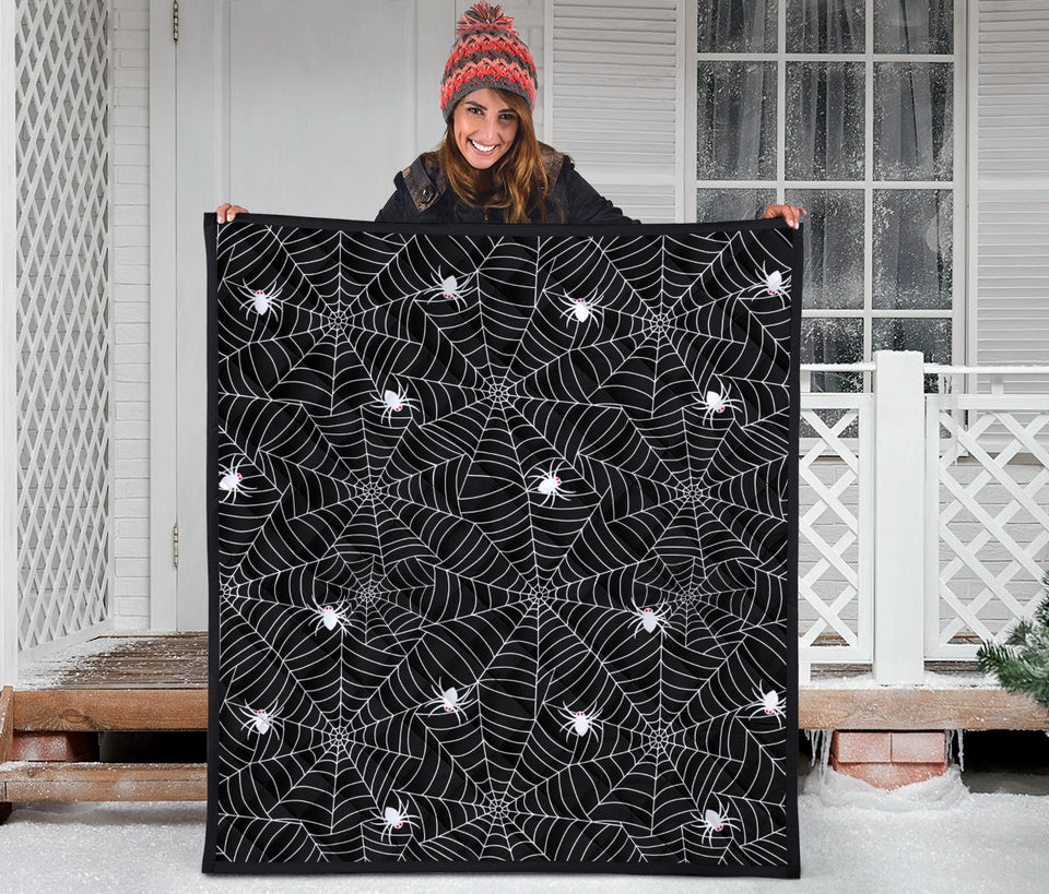 Spider Web Design Pattern Black Background White Cobweb Premium Quilt