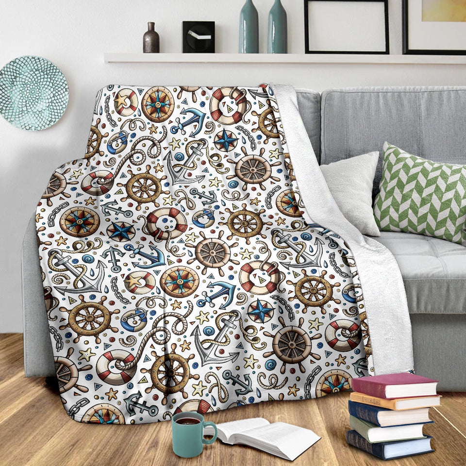 Cute Nautical Steering Wheel Anchor Pattern Premium Blanket
