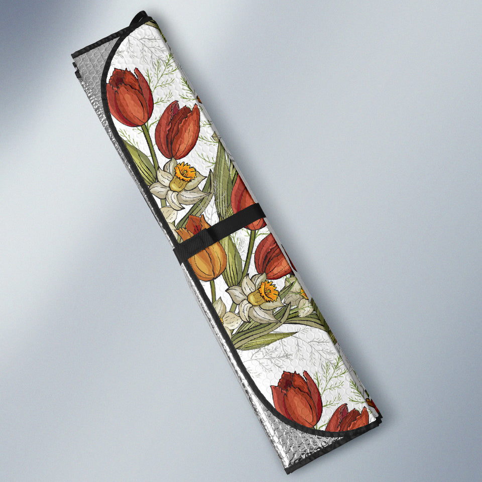 Red Tulips And Daffodils Pattern Car Sun Shade
