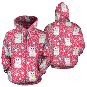 Maneki Neko Cat Sakura Pink Background Zip Up Hoodie