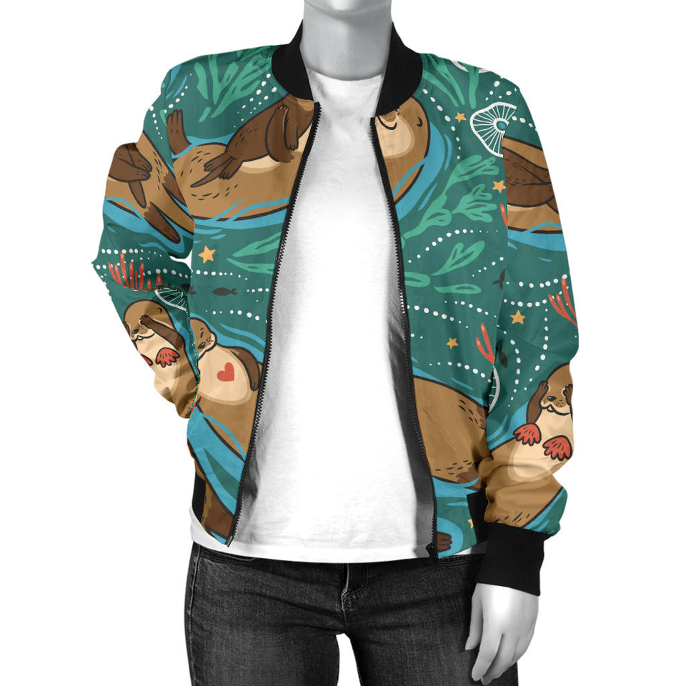 Cute Brown Sea Otters Ornawomen'Stal Seaweed Corals Green Water Women'S Bomber Jacket