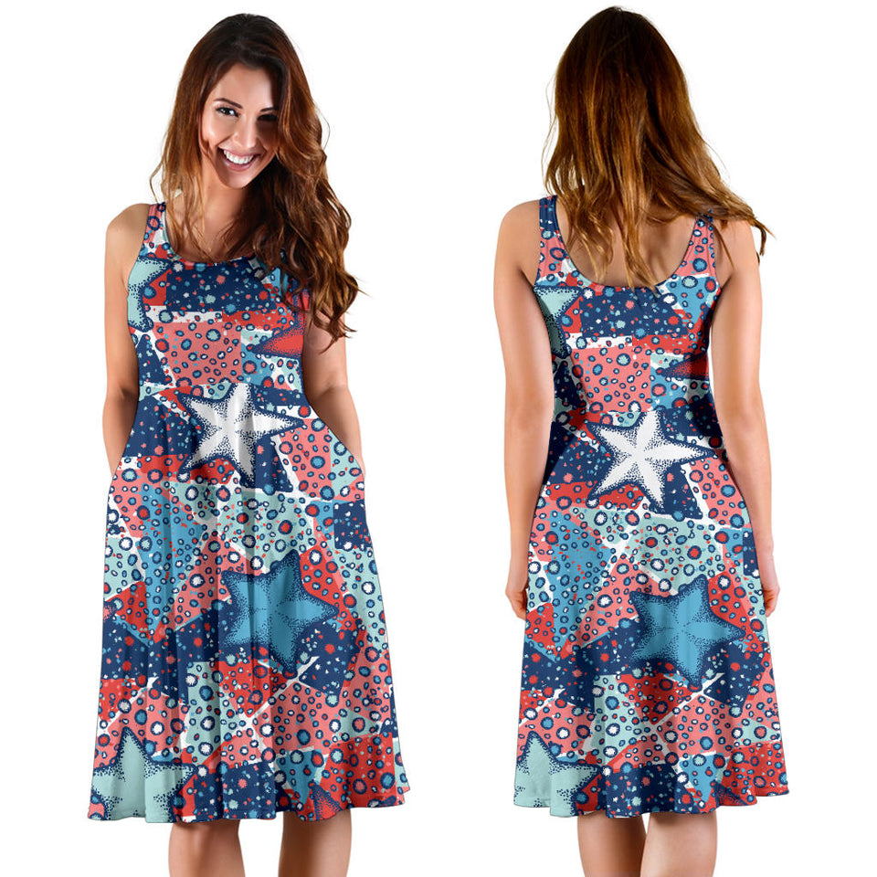 Hand Drawn Colorful Starfish Sleeveless Midi Dress