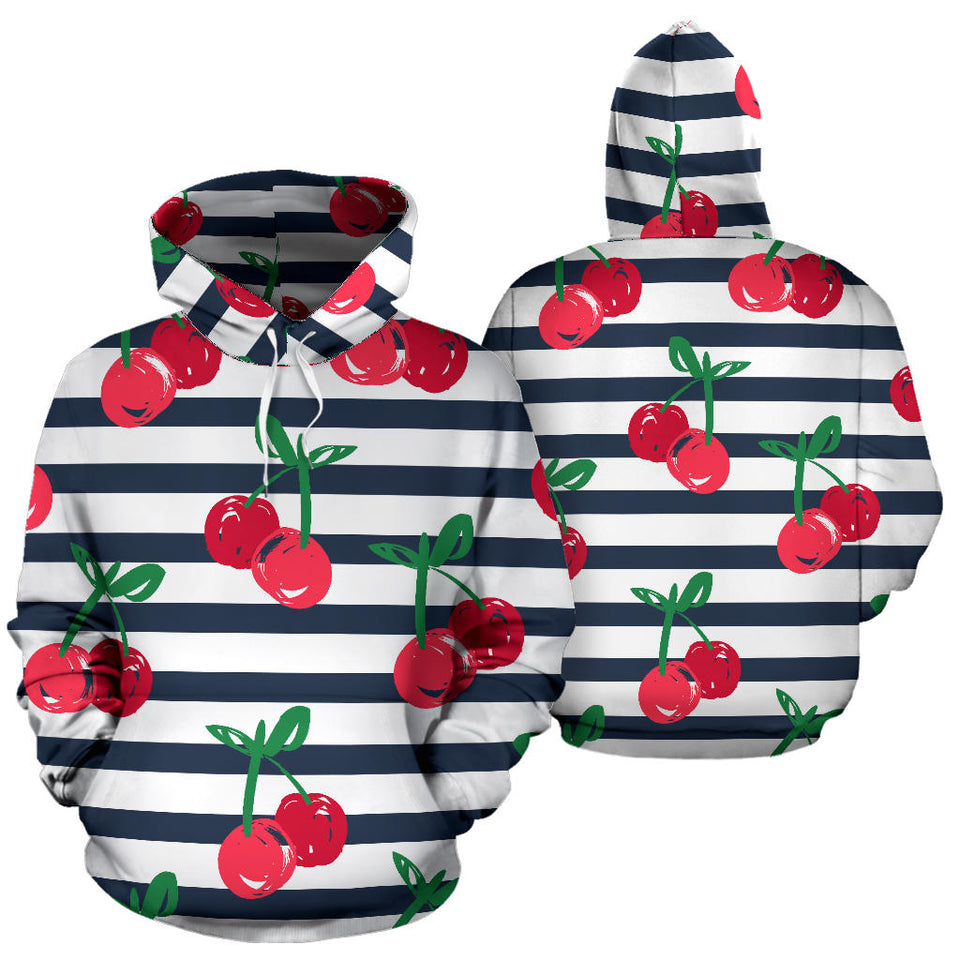 Hand Drawn Cherry Pattern Striped Background Men Women Pullover Hoodie