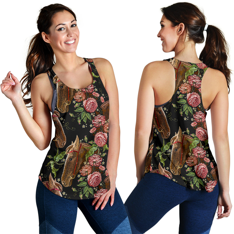Horse head wild roses pattern Women Racerback Tank Top