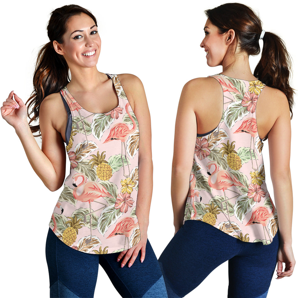 Pink flamingo birds pineapples hibiscus flower pattern Women Racerback Tank Top