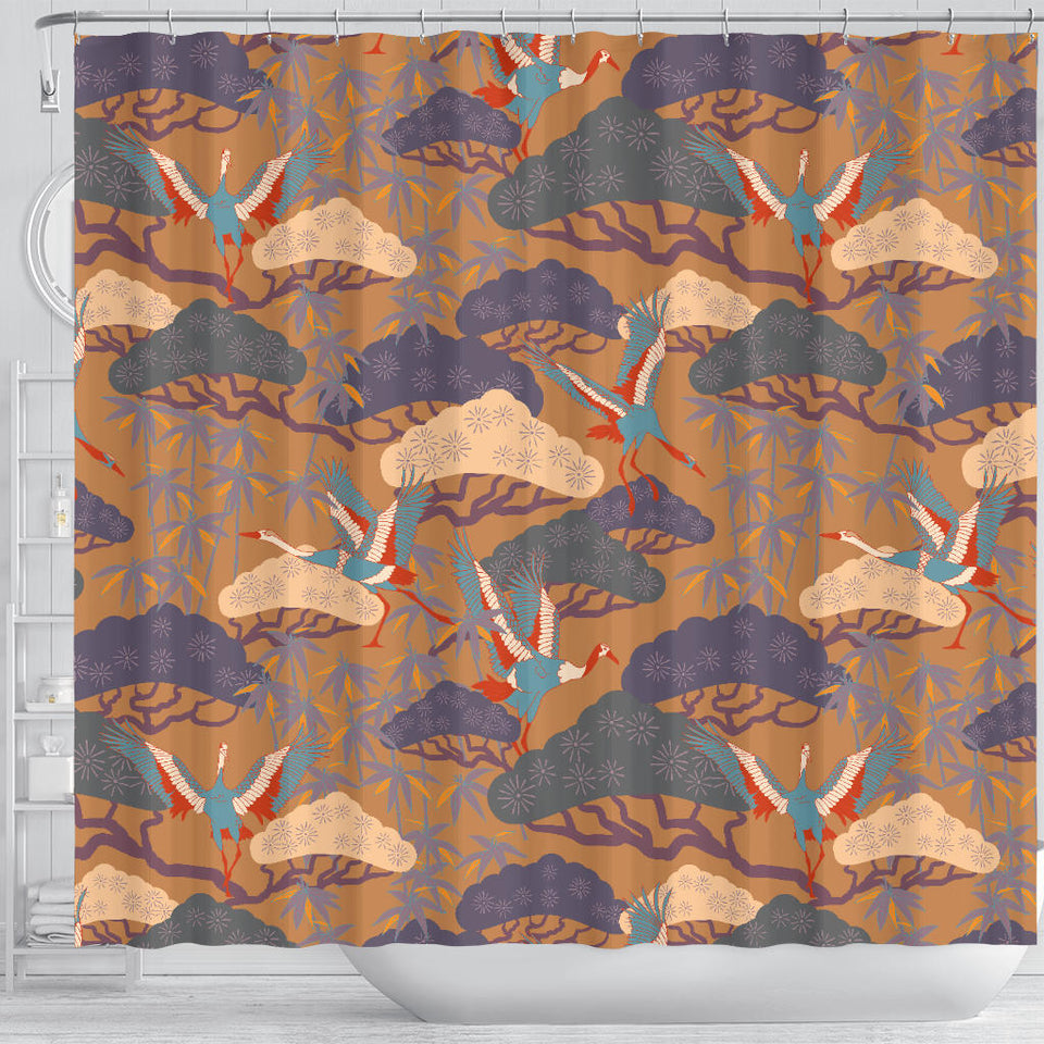 Bonsai Bamboo Stork Japanese Pattern Brown Theme Shower Curtain Fulfilled In US