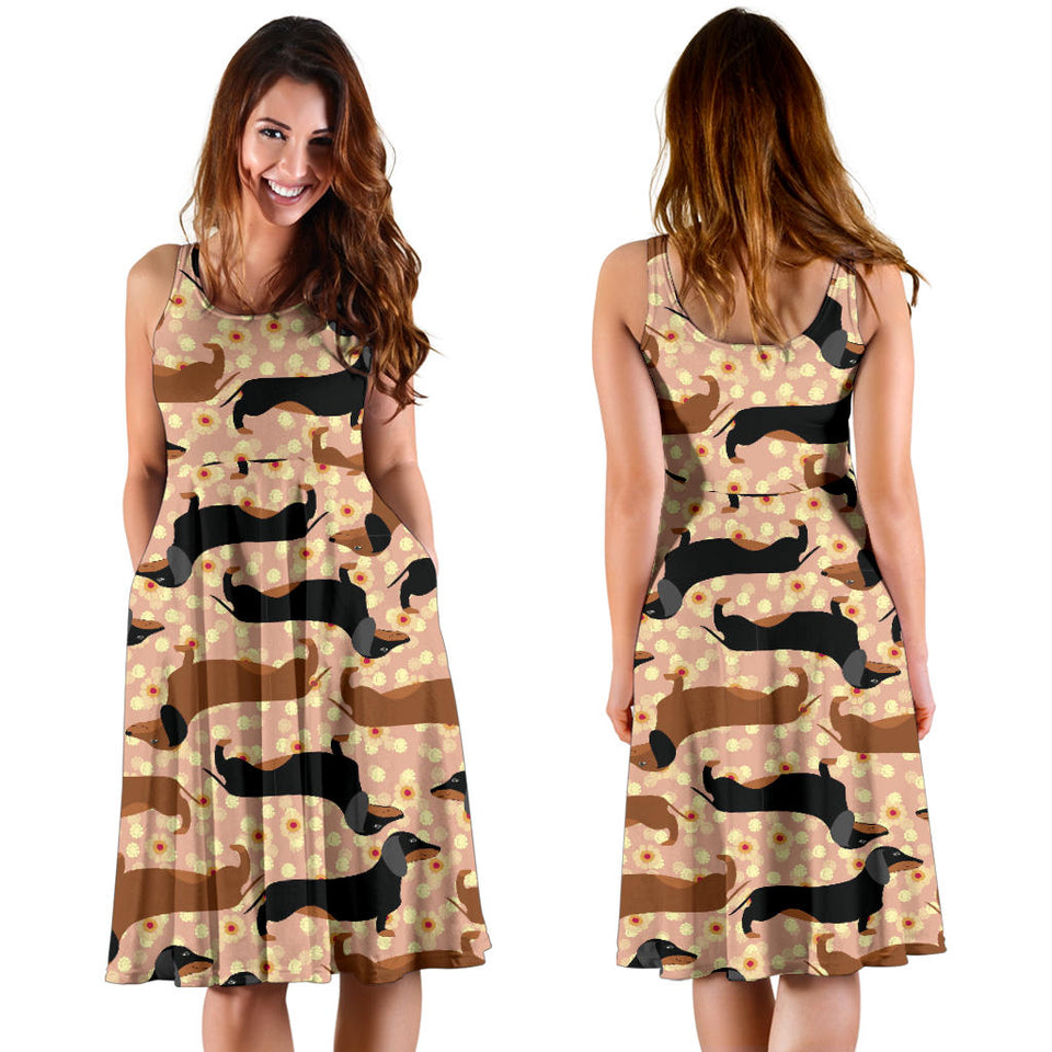 Dachshund Floral Background Sleeveless Midi Dress
