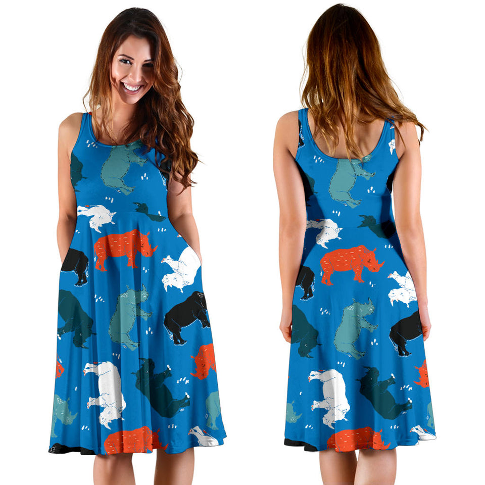 Colorful Rhino Pattern Sleeveless Midi Dress