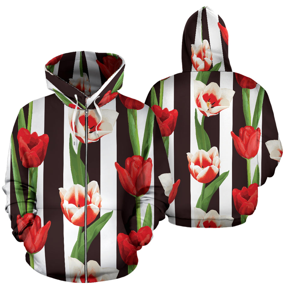 Red And White Tulips Pattern Zip Up Hoodie