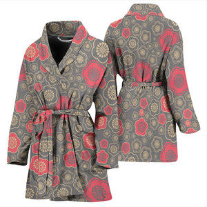 Red Gold Sakura Cherry Blossom Gray Background Women'S Bathrobe