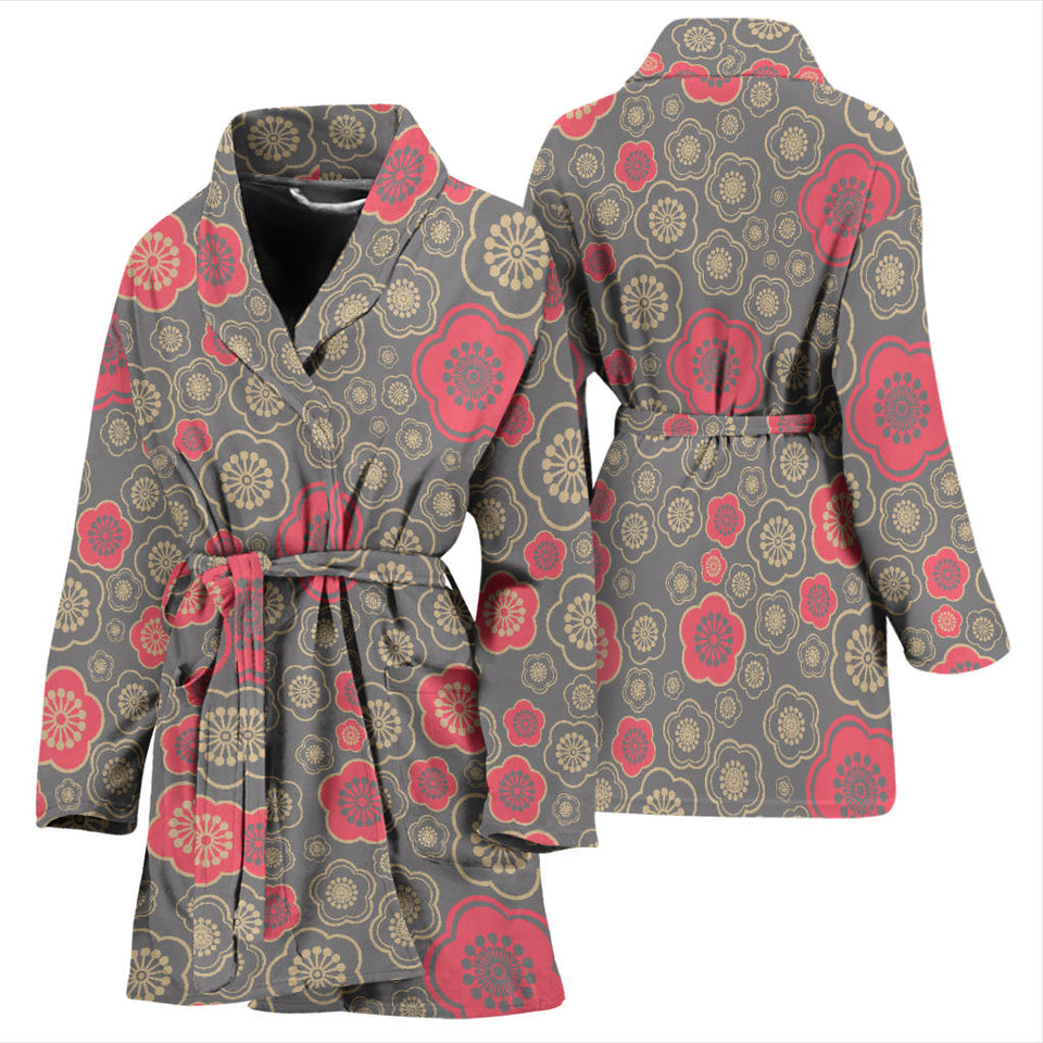 Red Gold Sakura Cherry Blossom Gray Background Women'S Bathrobe