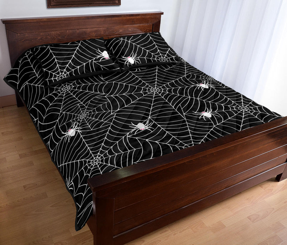 Spider web design pattern Black background white cobweb Quilt Bed Set
