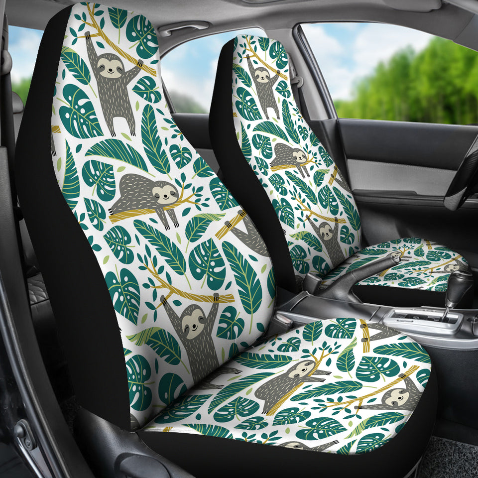Cute Sloths Tropical Palm Leaves White Background  Universal Fit Car Seat Covers