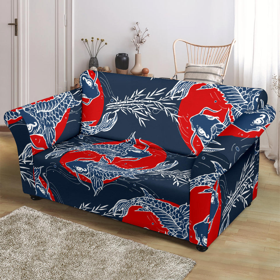 Koi Fish Carp Fishs Hand Drawn Japanese Art Loveseat Couch Slipcover