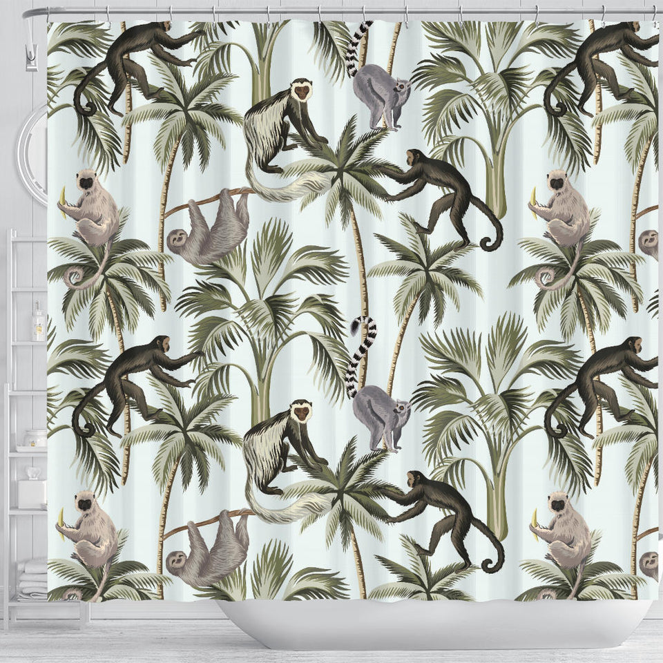 Monkey Sloth Lemur Palm Trees Pattern Shower Curtain Fulfilled In US