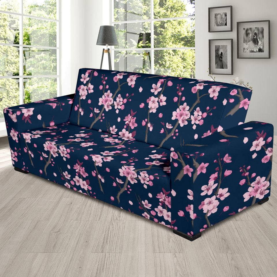 Pink Sakura Cherry Blossom Blue Background Sofa Slipcover