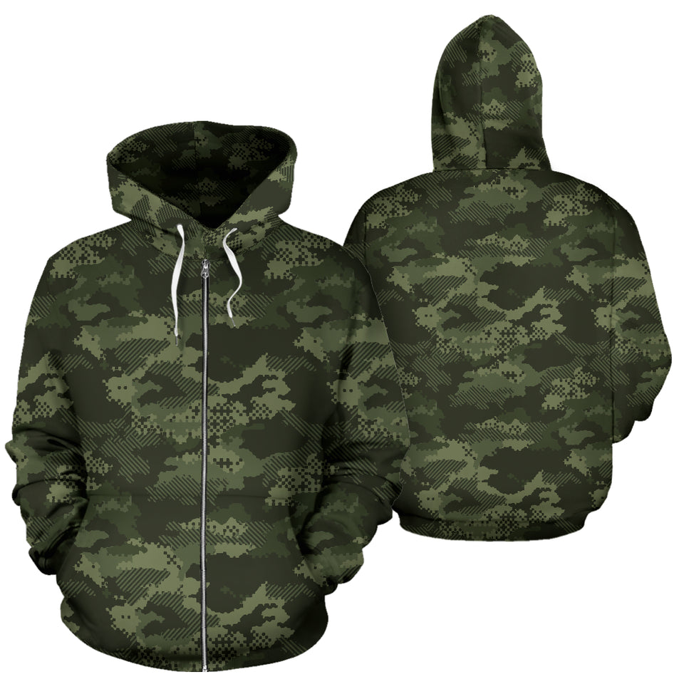 Digital Green Camouflage Pattern Zip Up Hoodie