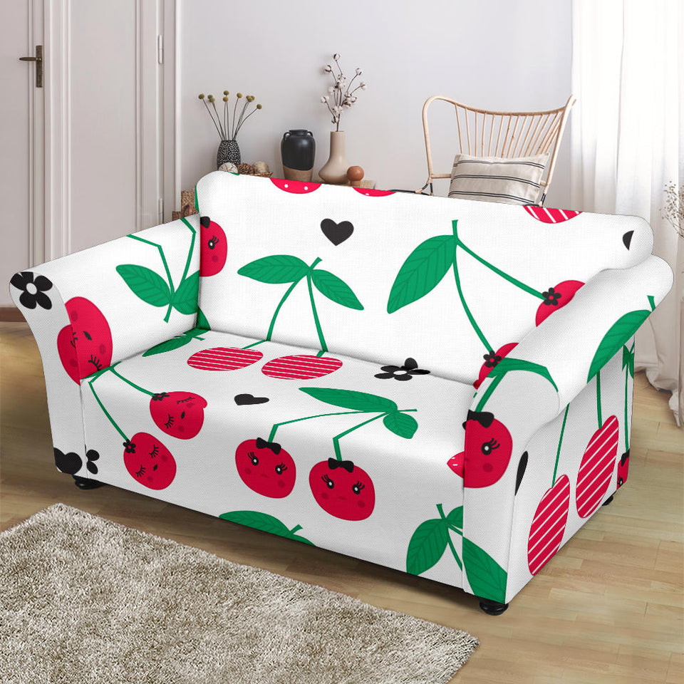 Cherry Pattern White Background Loveseat Couch Slipcover