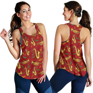 Saxophone cornet pattern red background Women Racerback Tank Top