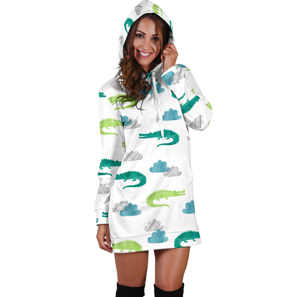 Watercolor Crocodile Pattern Women'S Hoodie Dress