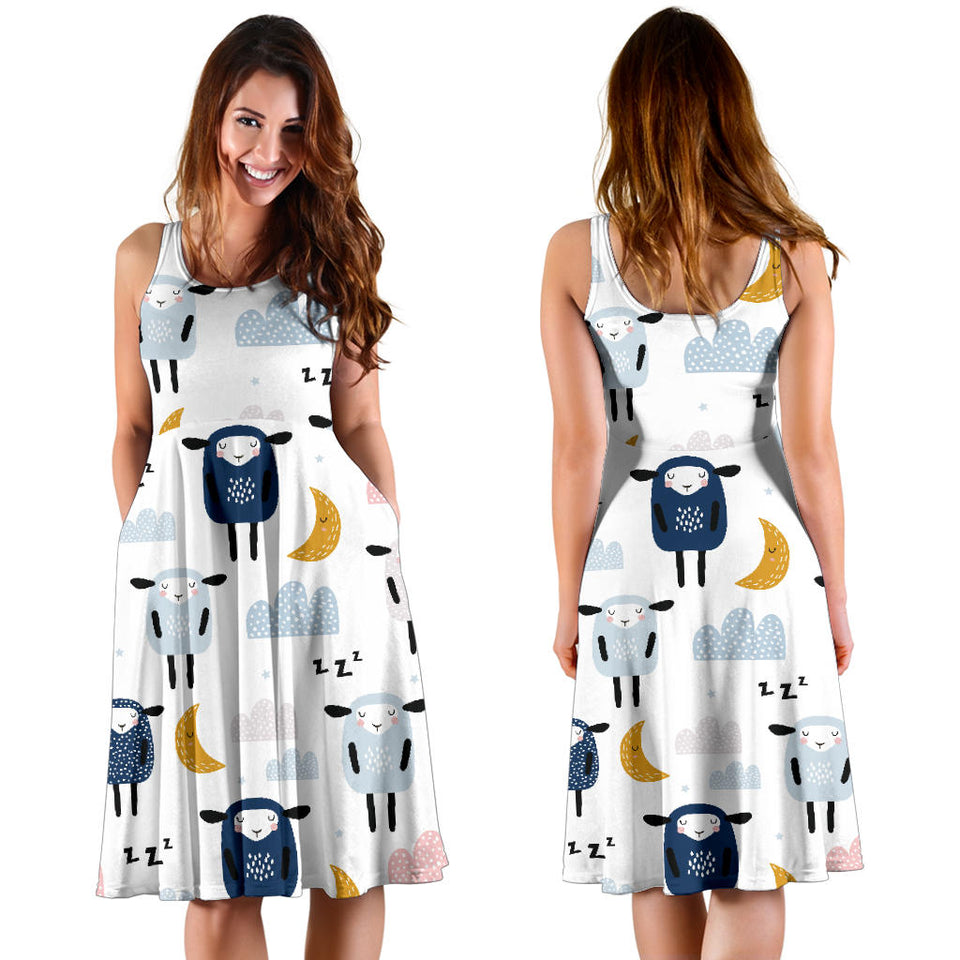 Cute Sleeping Sheep Moon Cloud Pattern Sleeveless Midi Dress