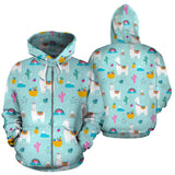 Llama Alpaca Cactus Leaves Pattern Zip Up Hoodie