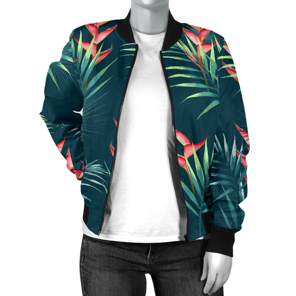 Heliconia Flowers, Palm And Monstera Leaves On Black Background Pattern Women'S Bomber Jacket