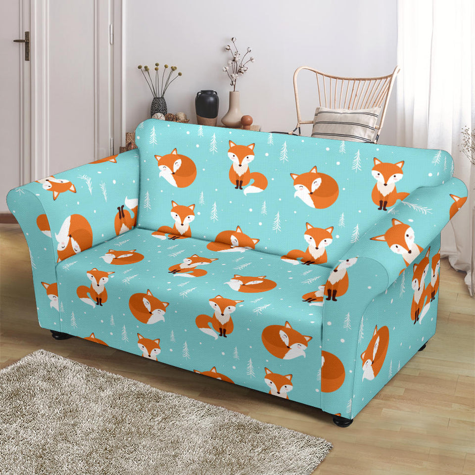 Fox Pattern Blue B Ackground Loveseat Couch Slipcover