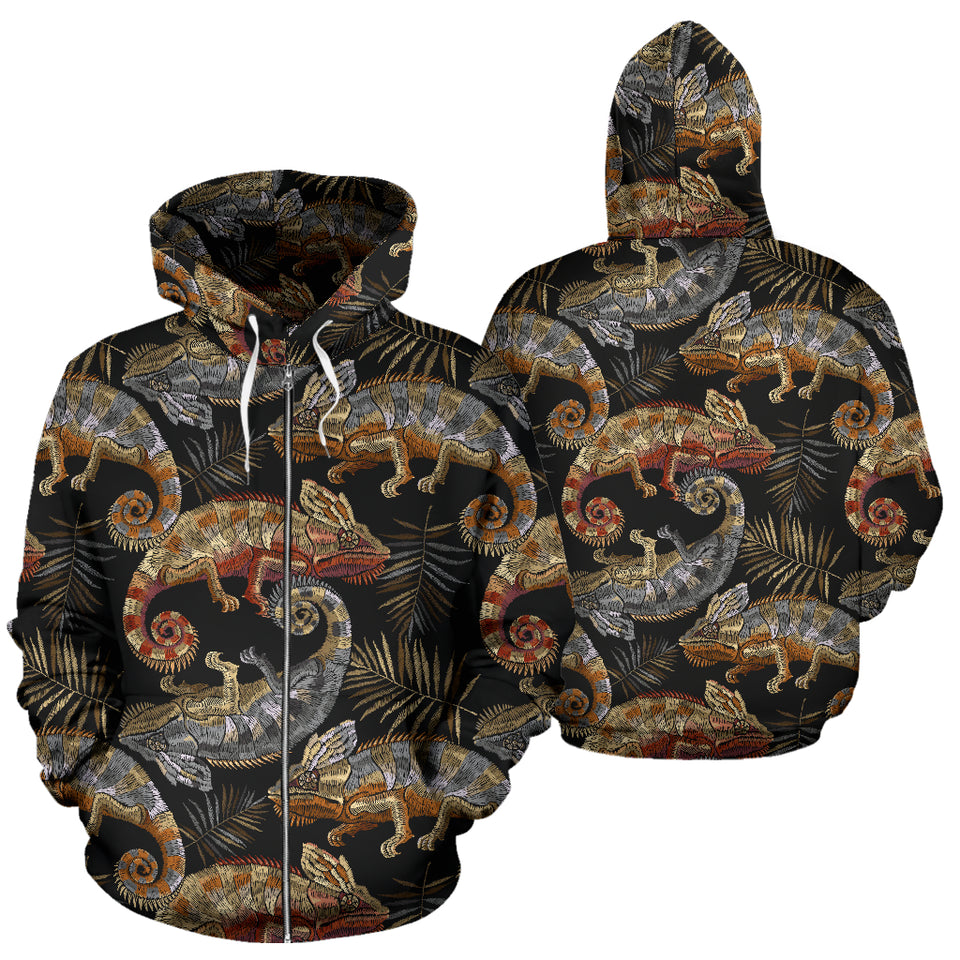 Chameleon Lizard Tropical Leaves Palm Tree Zip Up Hoodie