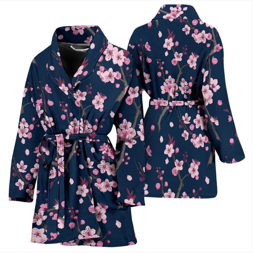 Pink Sakura Cherry Blossom Blue Background Women'S Bathrobe