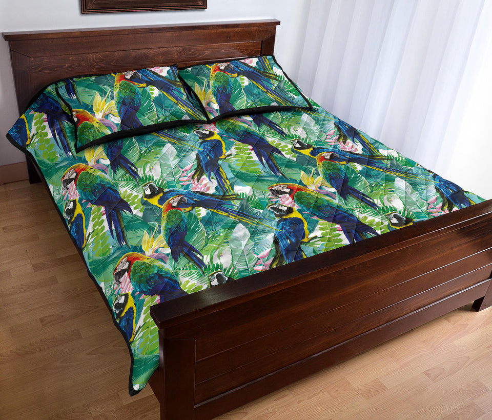 Colorful parrot exotic flower leaves Quilt Bed Set