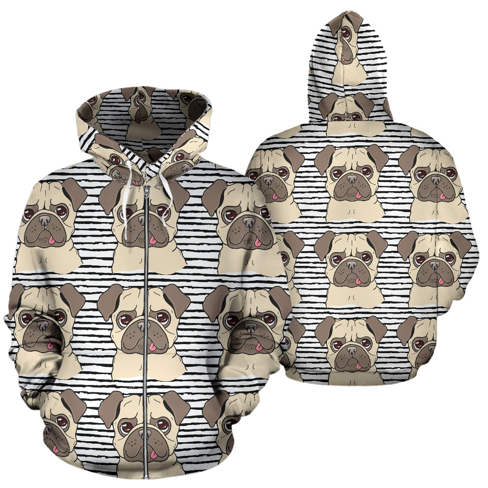 Happy Pug Pattern Zip Up Hoodie