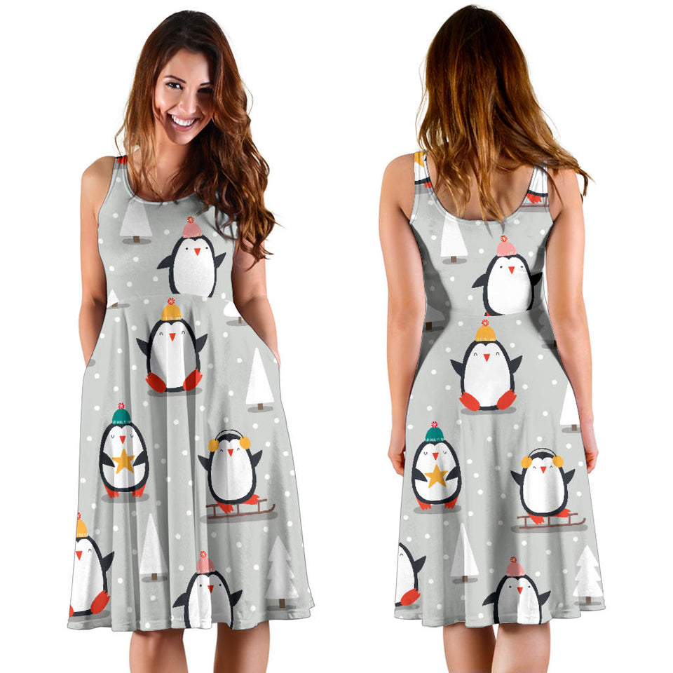 Cute Penguin Christmas Pattern Sleeveless Midi Dress