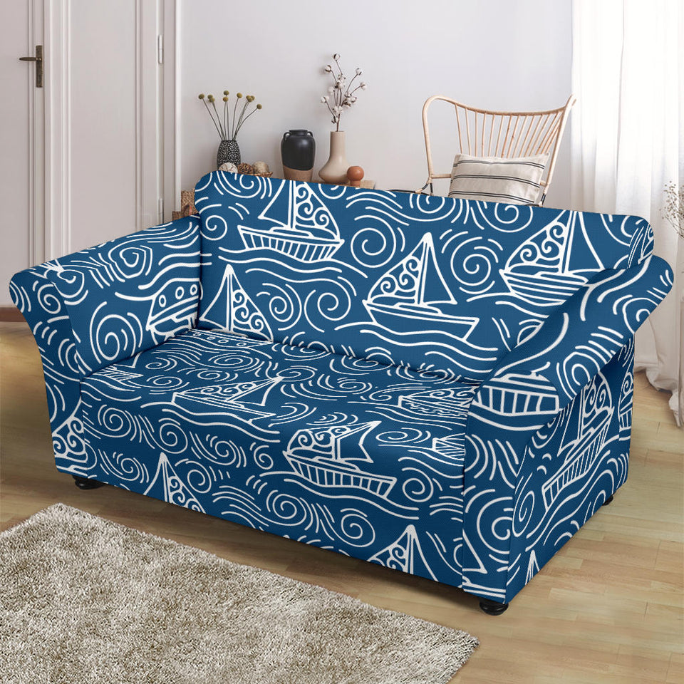 Hand Drawn Sailboat Pattern Loveseat Couch Slipcover