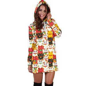 Colorful Maneki Neko Lucky Cat Pattern Women'S Hoodie Dress