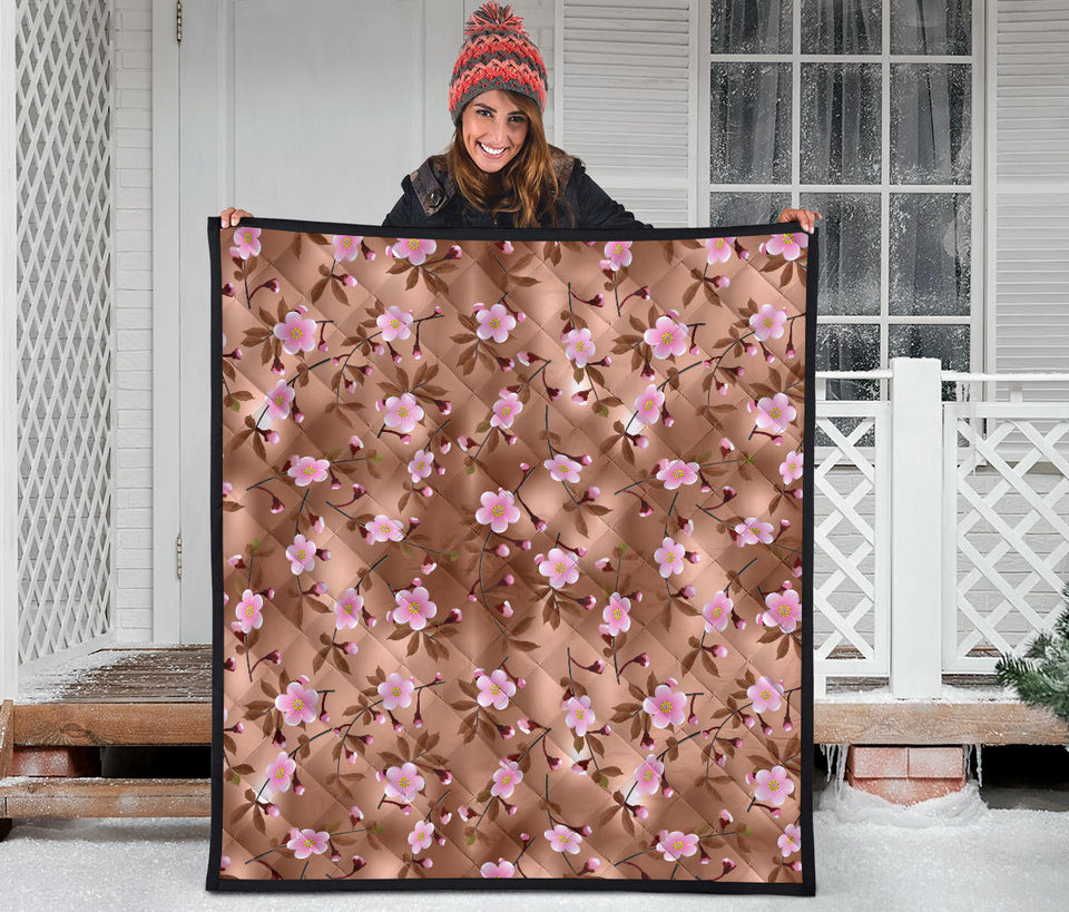 Pink Sakura Cherry Blossom Drak Brown Background Premium Quilt